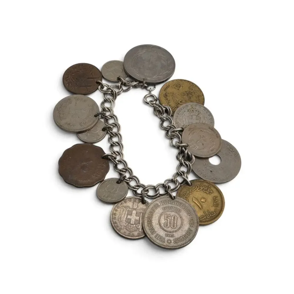 Vintage World Coin Charm Bracelet International Coins Egypt Greece UK 6.75